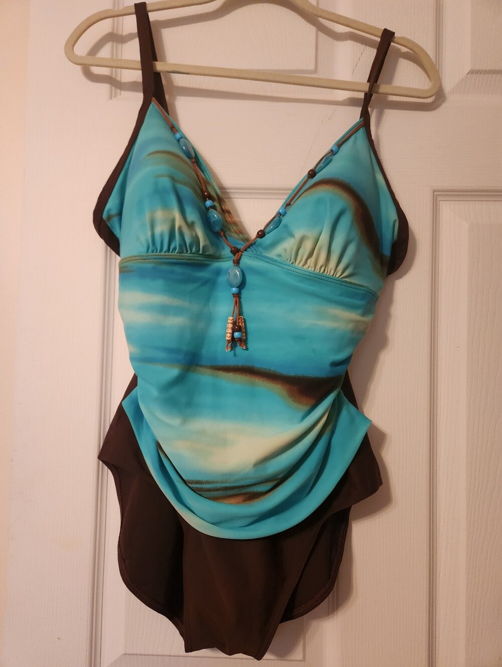 Fantasizer, Aqua Blue & Brown one piece swimsuit with Beaded Detail, sz 16